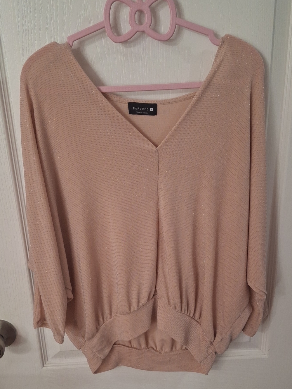 Paperoc Bkush Pink Metallic Shimmer Dolman Sleeve V-Neck Knit Top MWOT  Size M